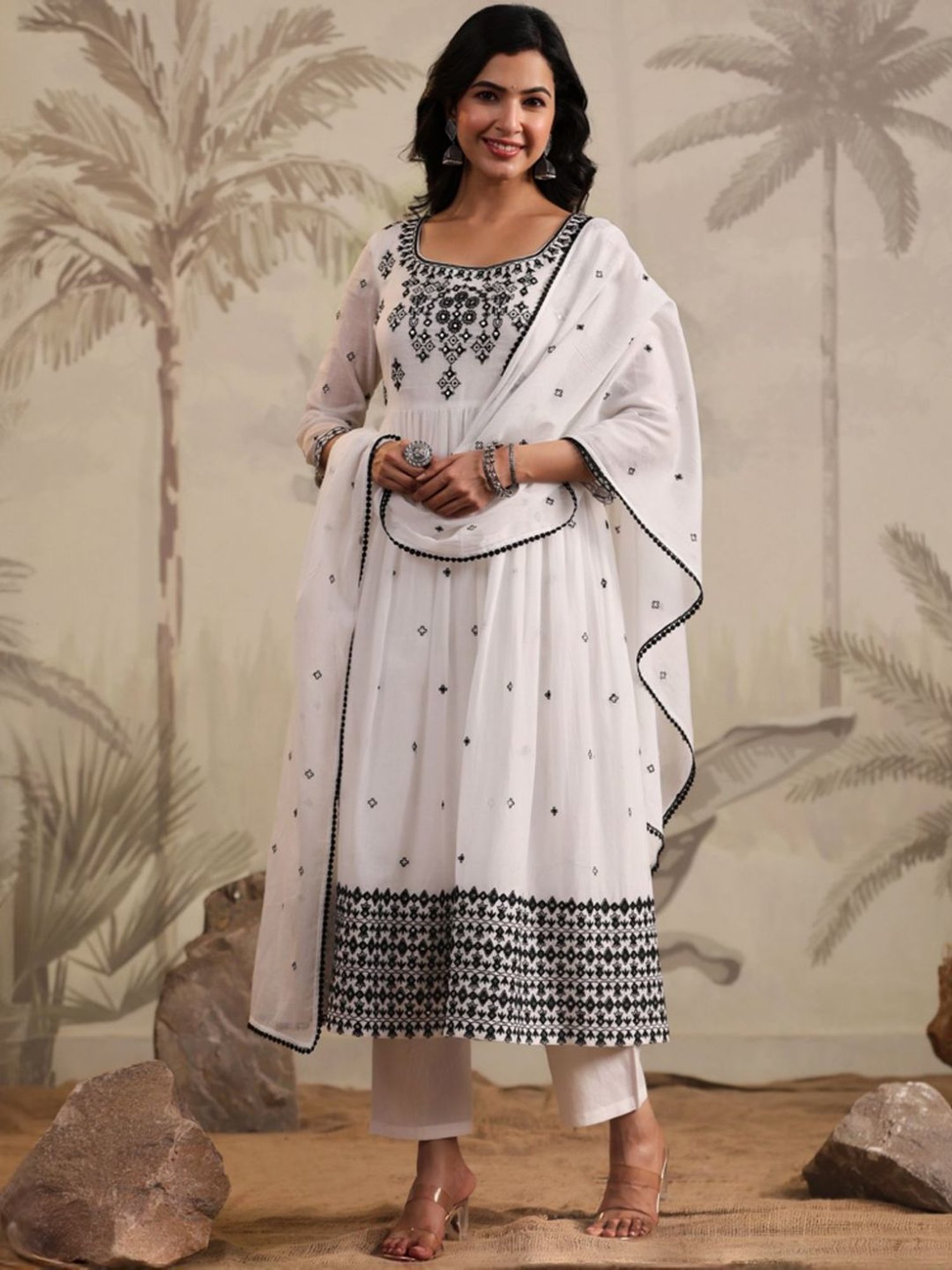 SCAKHI White Mulmul Embroidered Anarkali Kurta And Pant With Dupatta