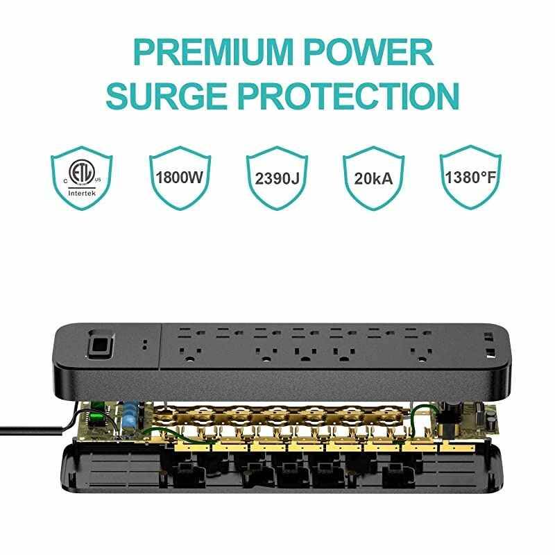 Power Strip Flat Plug  Surge Protector with 2 USB Port and 12 AC Outlet 6ft Heavy Duty Extension Cord Wall Mount Charging Station for Home Outdoor Office 2390Joule 5V24A