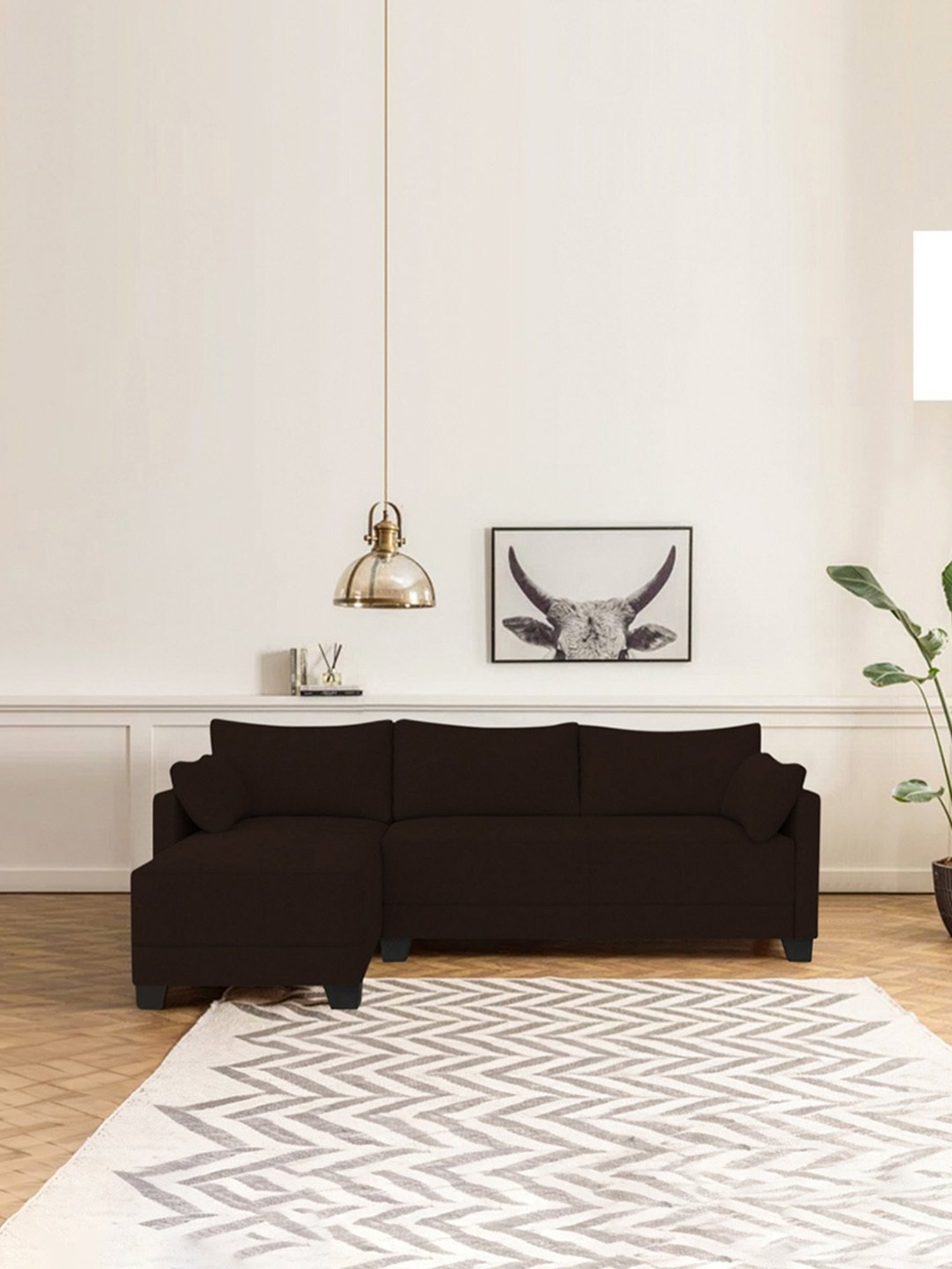 Trevi Duke Brown Fabric & Neem Wood 6 Seater LHS Sectional Sofa