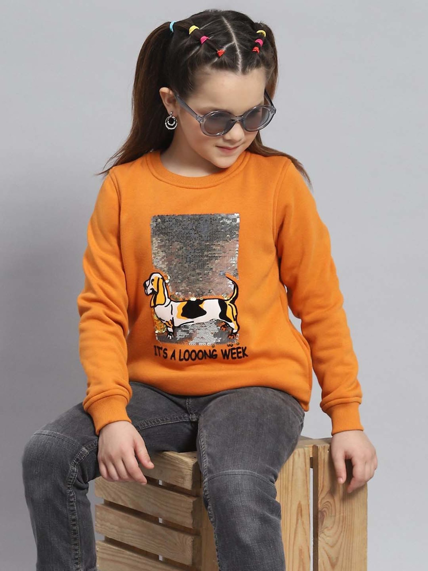 Monte Carlo Kids Orange Embellished Full Sleeves Sweatshirt