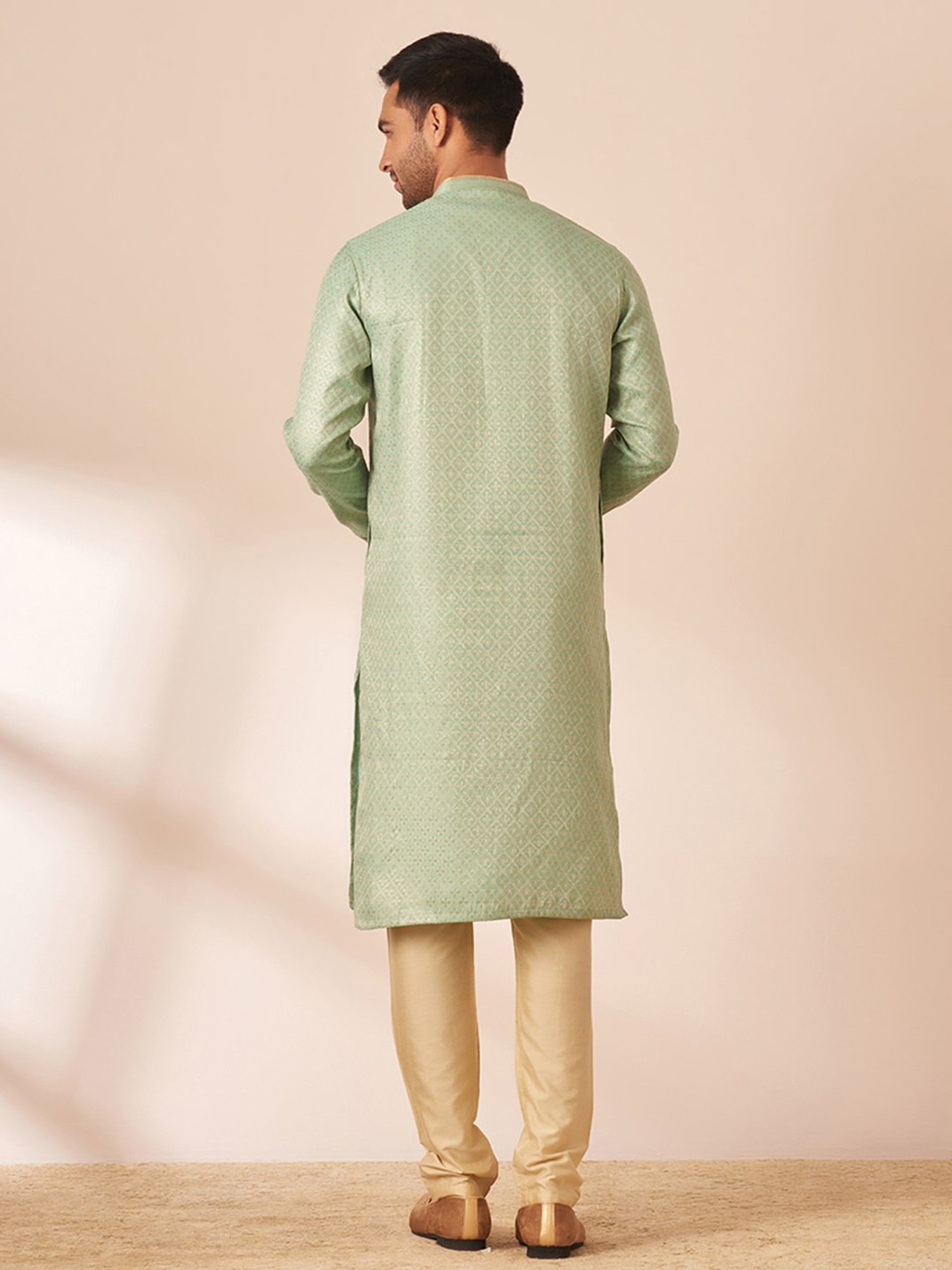 Manyavar Light Green & Gold Regular Fit Self Design Kurta & Pyjamas Set