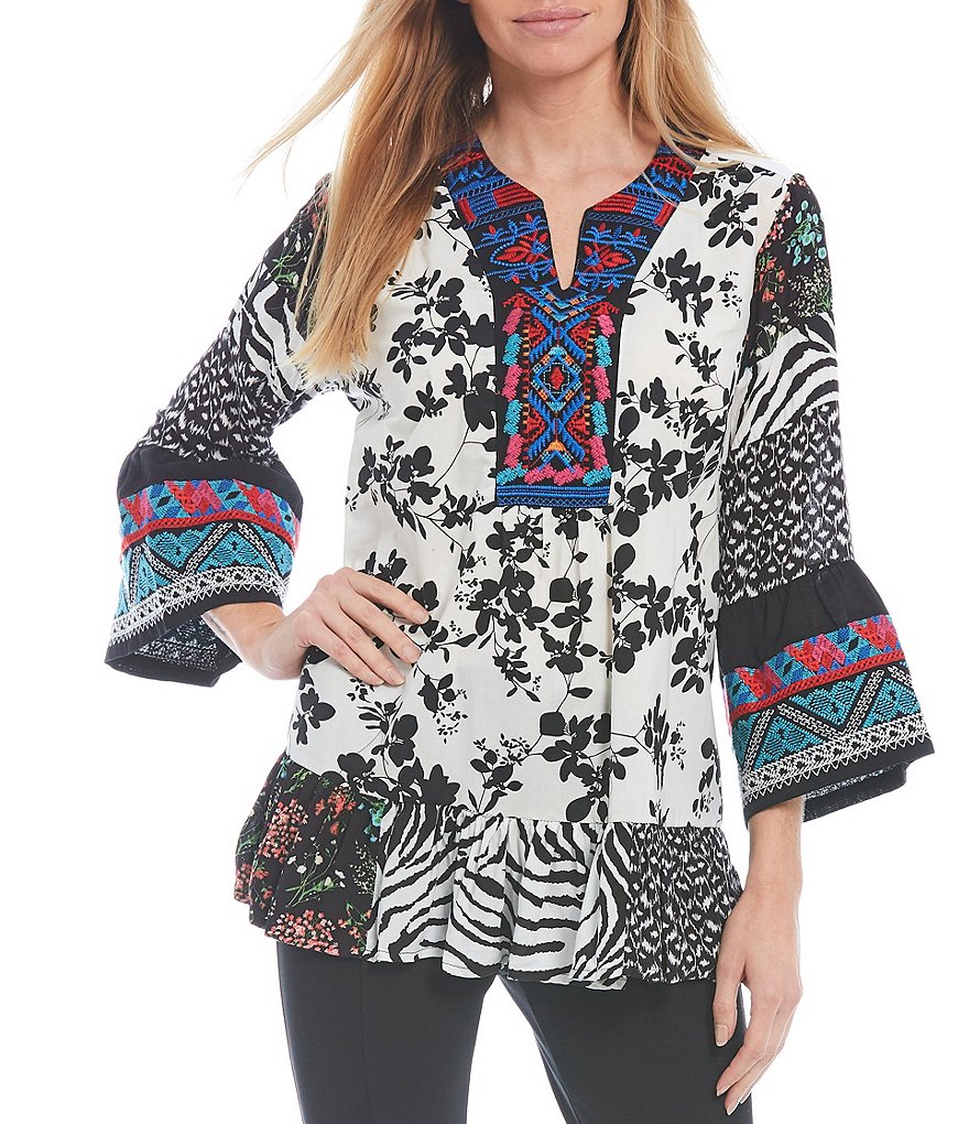 Calessa Petite Size 3/4 Bell Cuff Sleeve Split Round Neck Abstract Floral Multi Print Tunic