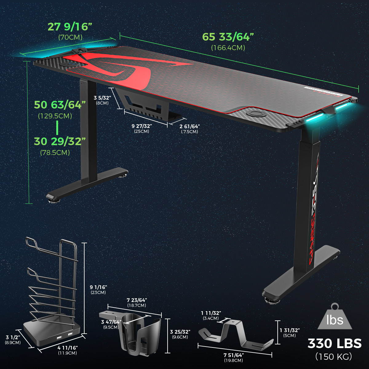 Eureka Ergonomic Gaming Height Adjustable General Series EGD-S62B Standing E-sport Desk with RGB Lighting, Black