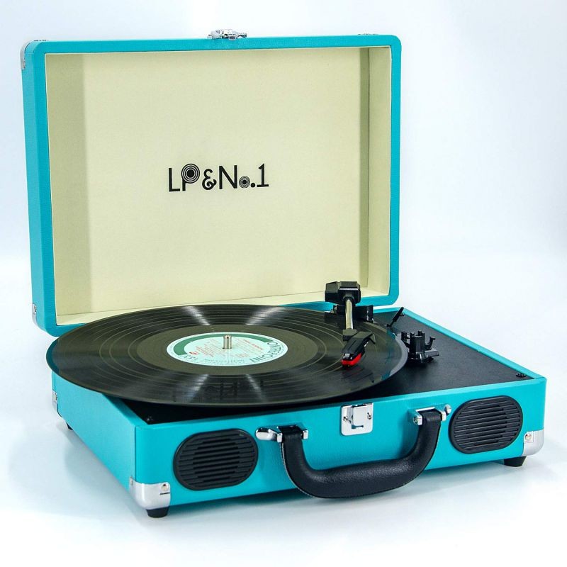 LP&No.1 Suitcase Bluetooth Turntable with Stereo Speaker,3 Speeds Vinyl Record Player Turquoise
