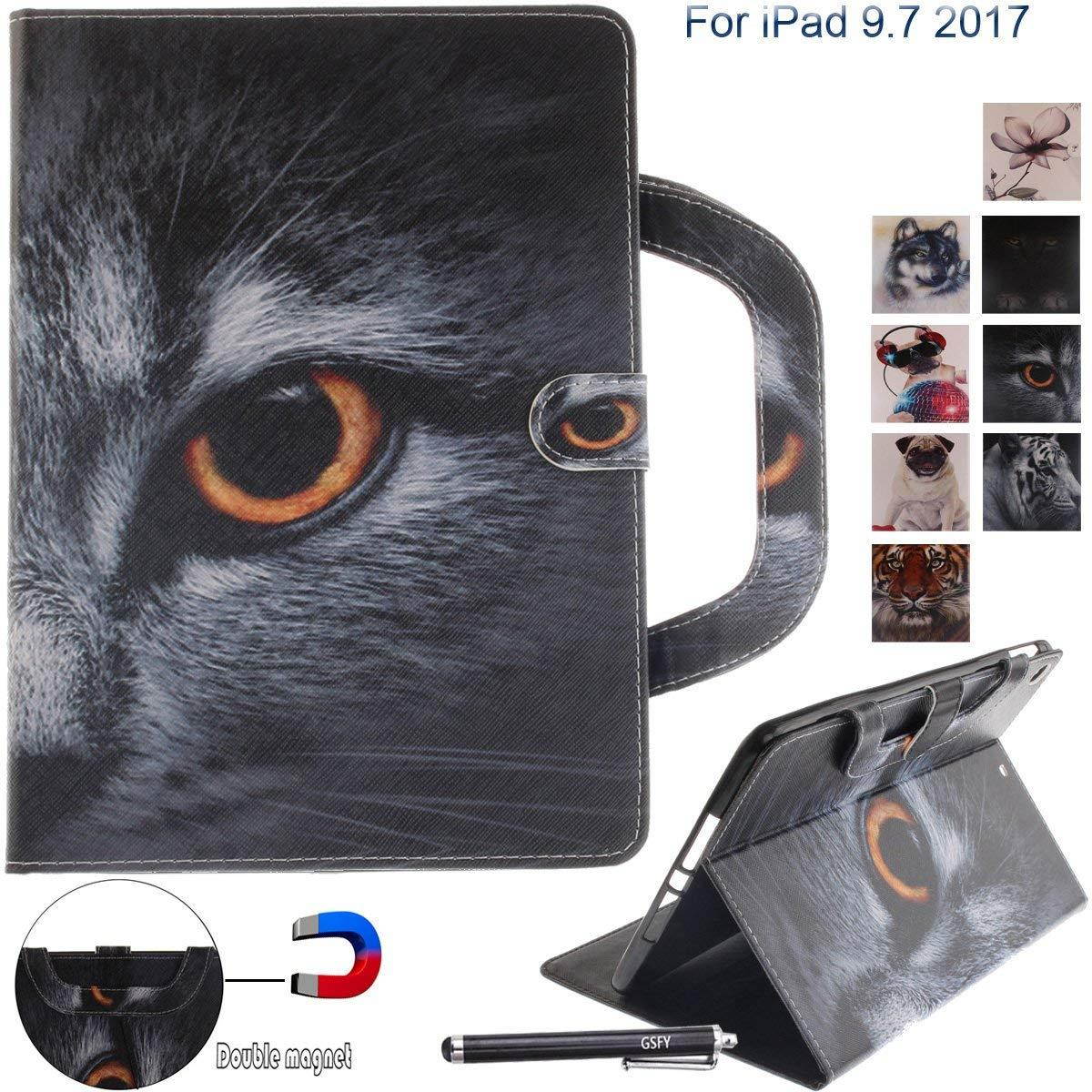 New iPad 2017 iPad 9.7 Case, Newshine Portable Lightweight Smart Stand Case with Card Slots for Apple iPad 9.7-inch 2017 Release [Auto Sleep/Wake], Half-face Cat