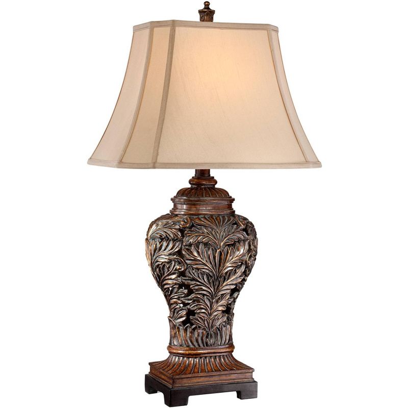 Barnes and Ivy Traditional Table Lamp Bronze Curling Leaves Tan Rectangular Shade for Living Room Family Bedroom Bedside