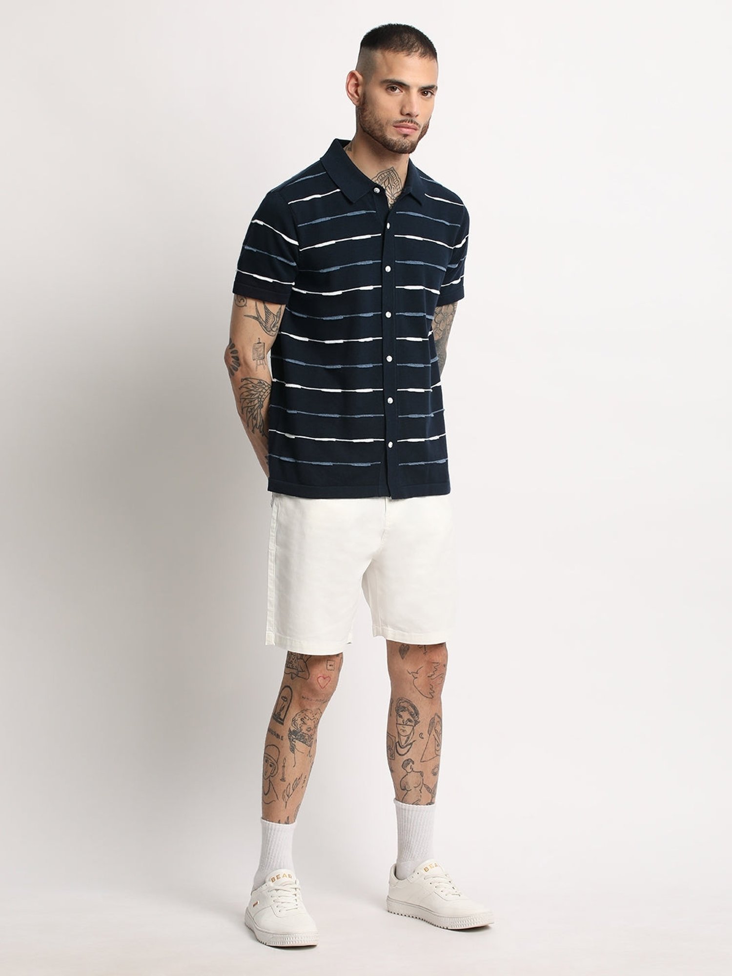 The Bear House Navy Cotton Slim Fit Striped Polo T-Shirt