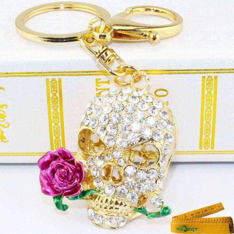 Cool 3D Skull with Dark Red or Purple Rose Flower Crystal Rhinestone Alley Metal Bling Bling Key Chain Ring Keychain Cell Phone Car Bag Purse Charm Decor Pendant Decoration Ornament
