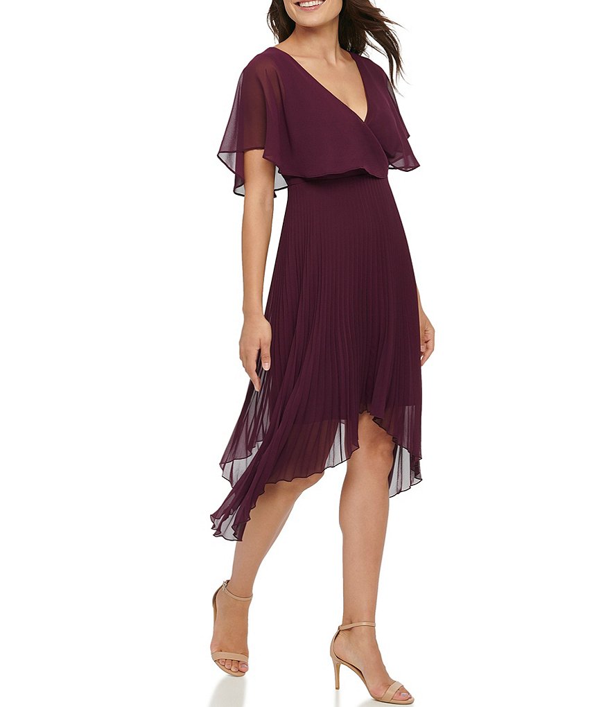 Kensie V-Neck Flutter Sleeve Chiffon Pleated Asymmetric Hem Midi Dress
