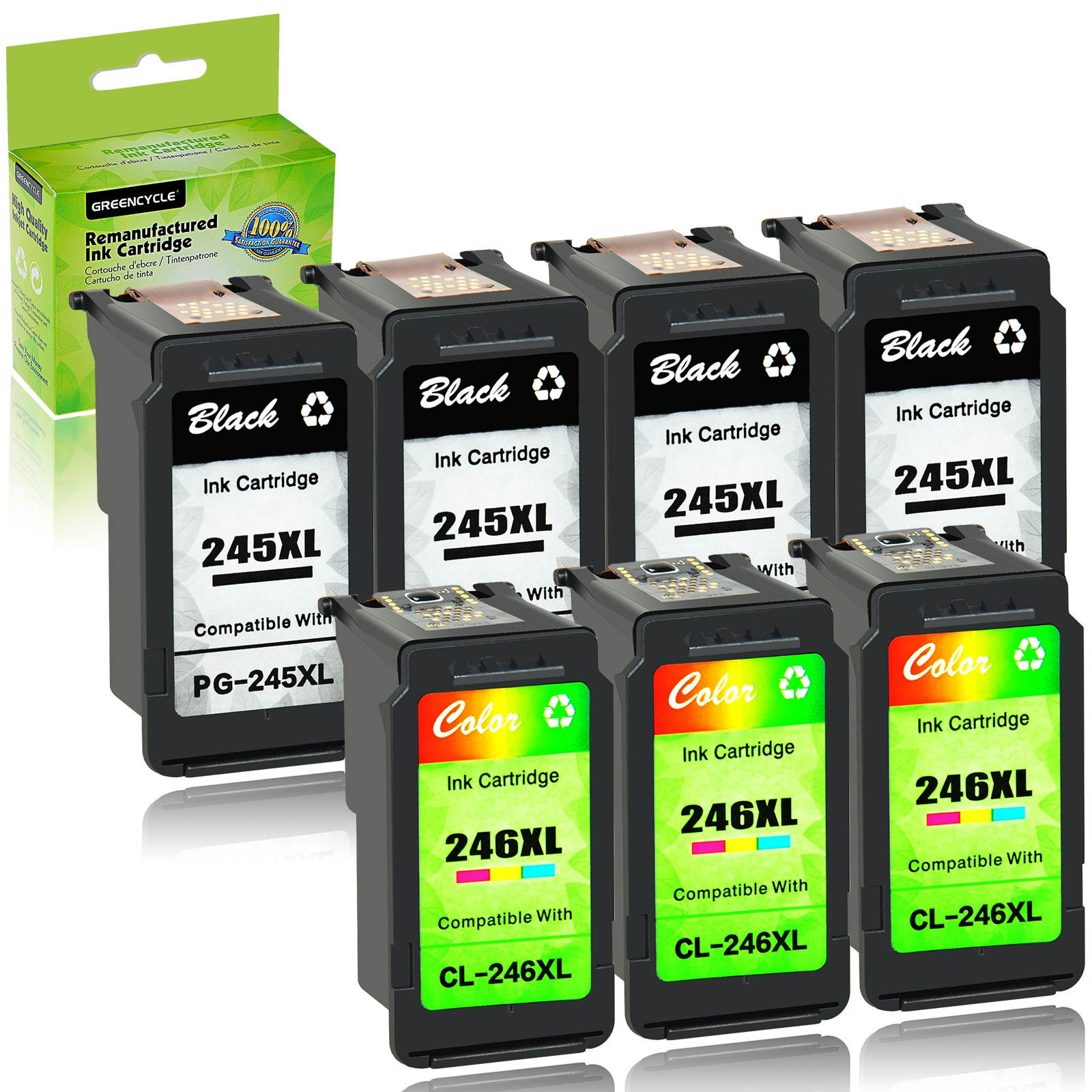 GREENCYCLE Ink Cartridge Compatible PG-245XL CL-246XL (4 Black & 3 Color) for Canon PIXMA Printer - Show Ink Level