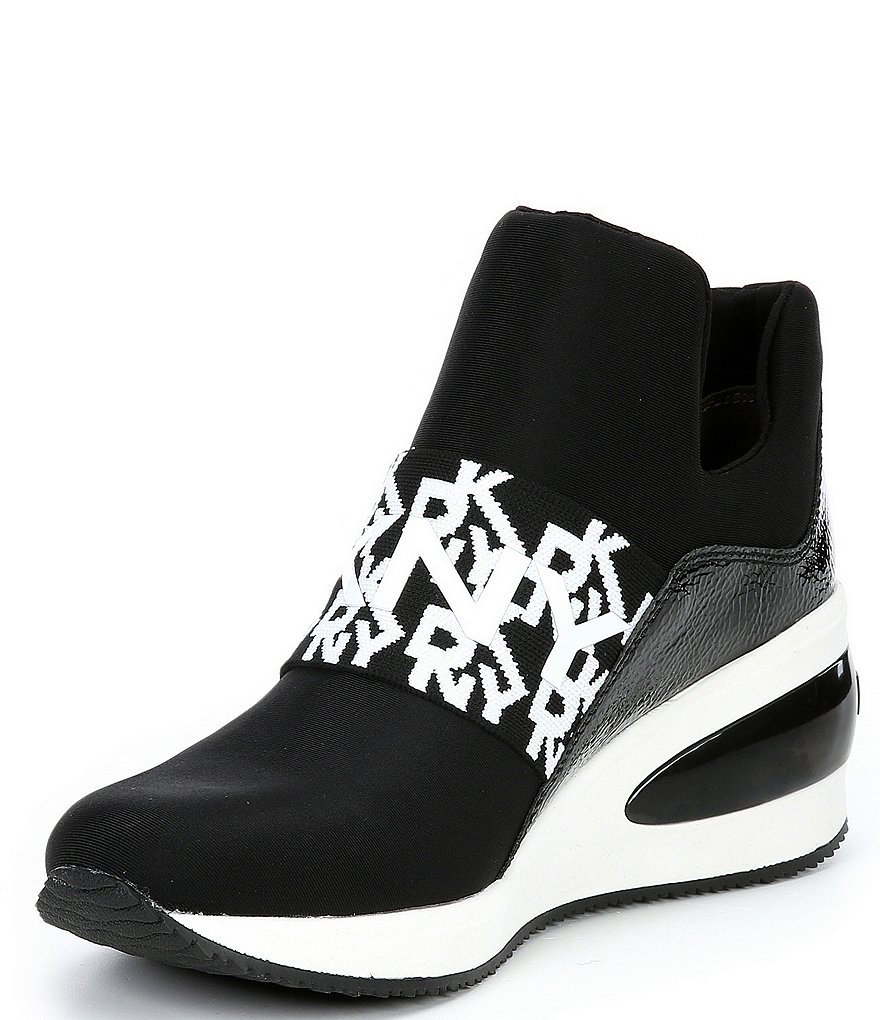 DKNY Borg Logo Print Strap Slip-On Wedge Sneakers