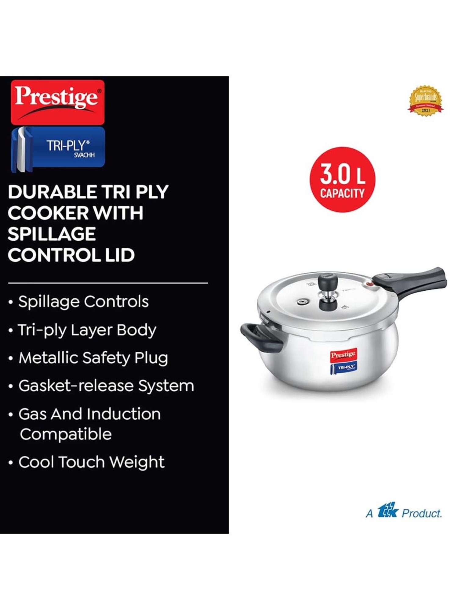 Prestige Silver And Black Stainless Steel 18 cm Svachh Handi Pressure Cooker (3 L)