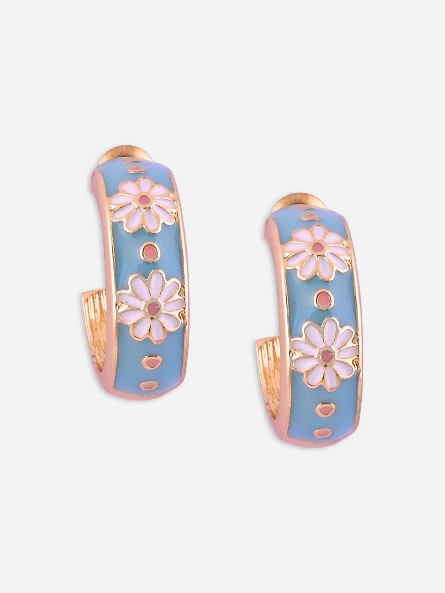 Toniq Turquoise Blue Gold-Plated Floral Enamel Hoop Earrings