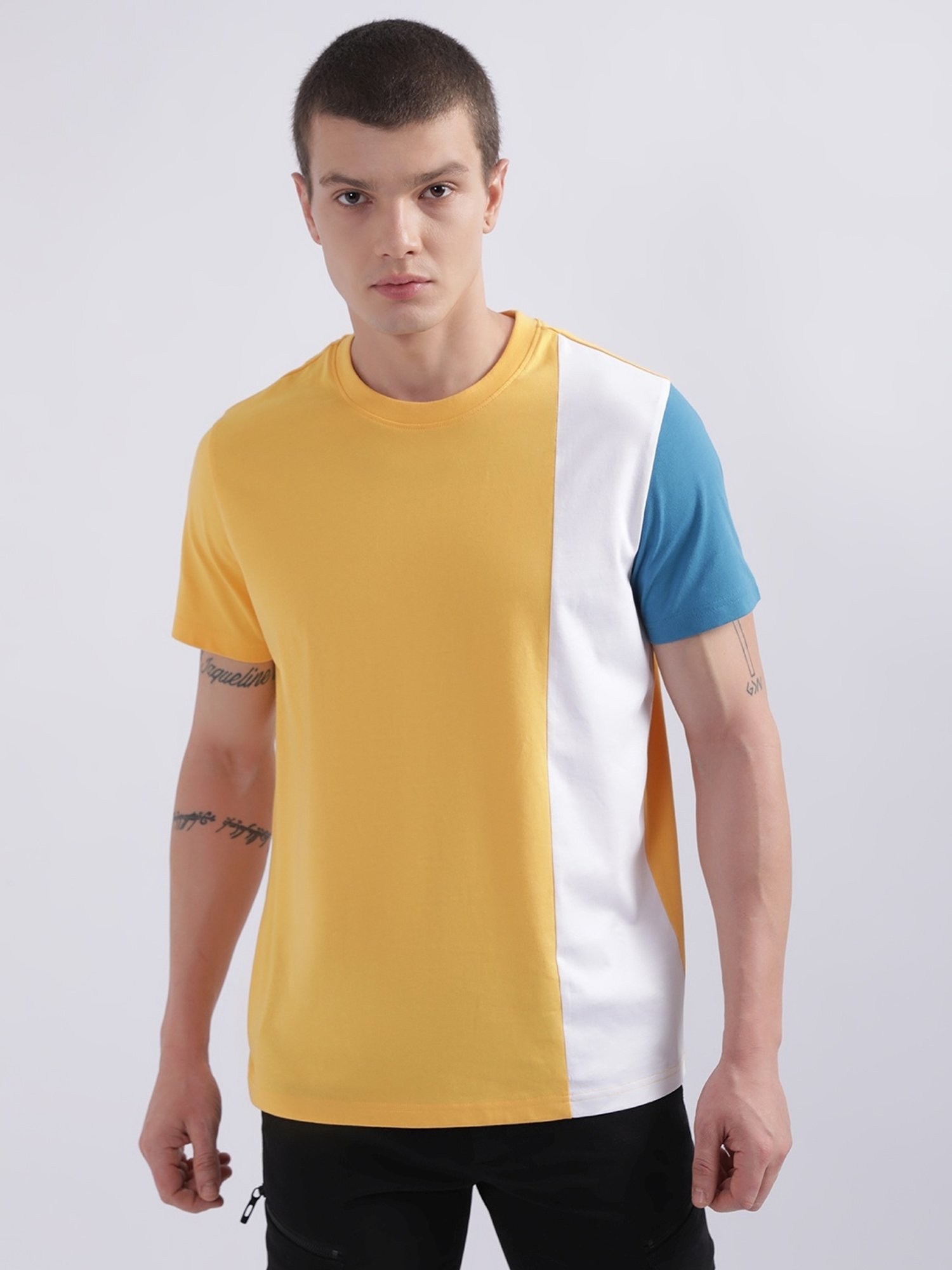 Iconic Yellow Cotton Regular Fit Colour Block T-Shirt