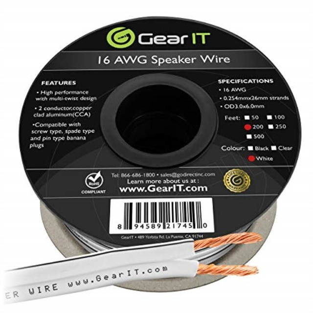 16 Gauge Speaker Wire, GearIT 200 ft 16AWG for Home Theater / Car Audio / Outdoor Installation High Quality Speaker Wires, White