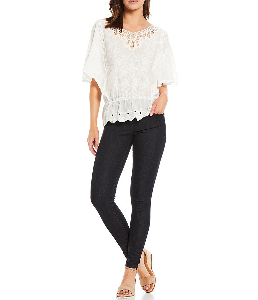 Democracy Embroidered Crochet-Trim Cotton Peplum Butterfly Sleeve Top