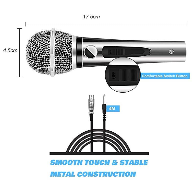 Dynamic Wired Microphone, Professional Handheld Vocal Mic with 13ft 6.35mm XLR Audio Cable Compatible with Karaoke Machine/Speaker/Amp/Mixer for Singing, Speech, Wedding, Stage