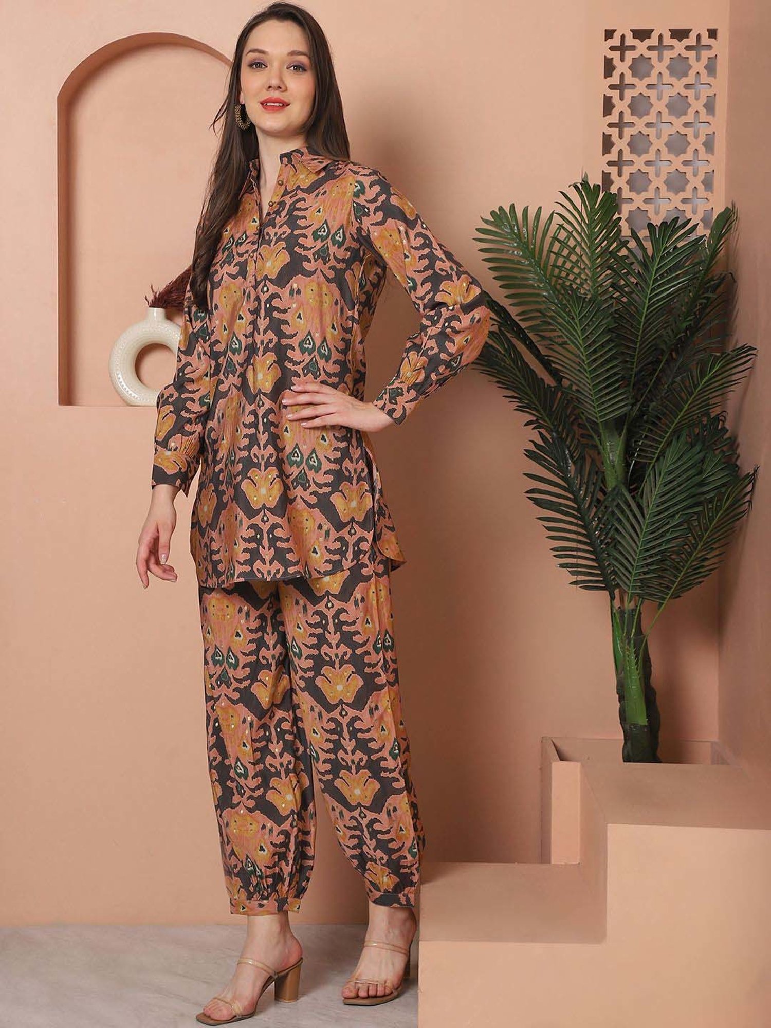 Claura Peach & Brown Printed Top Salwar Set