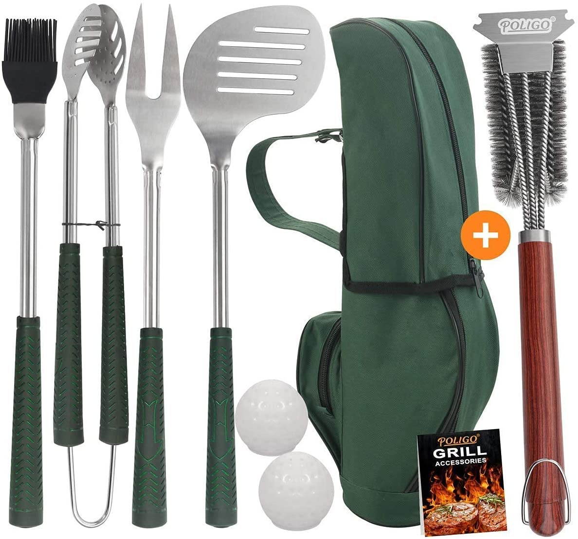 POLIGO 7PCS Golf-Club Style Grill Tools Kit with Storage Bag Bundle with 18" Safe Wire Grill Brush and Scraper for All Barbecue Grills - Ideal Grilling Gifts for Men Women on Birthday Christmas