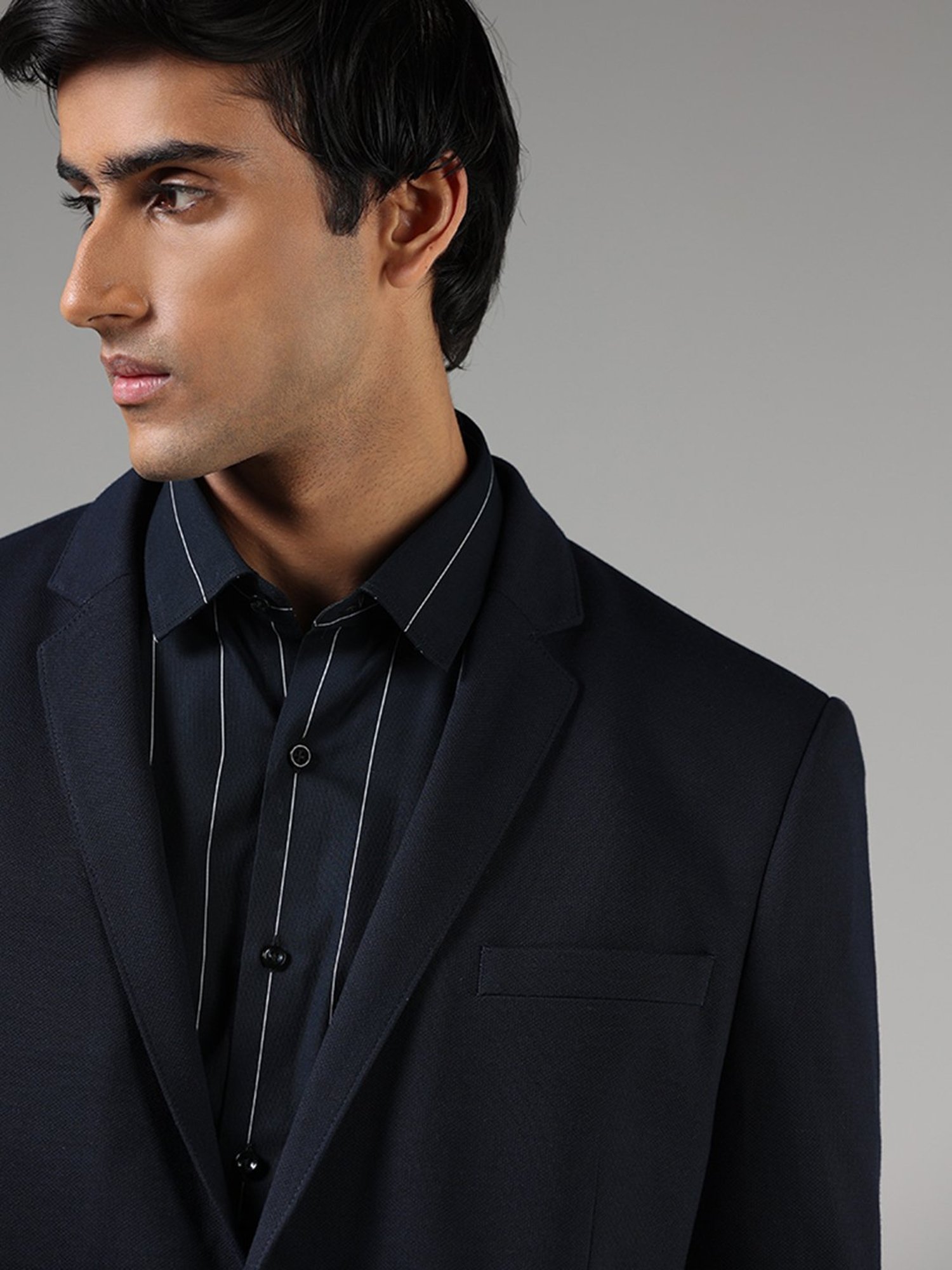 WES Formals by Westside Navy Blue Slim Fit Dobby Blazer