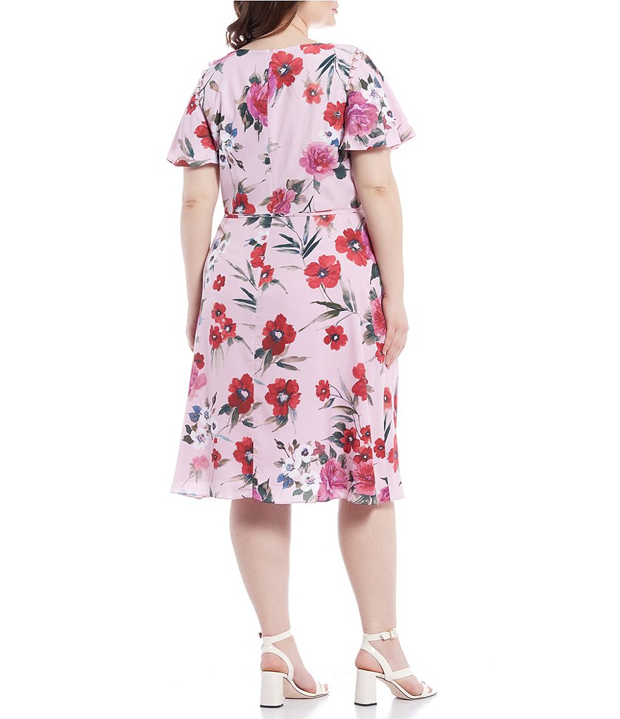 Adrianna Papell Plus Size V-Neck Flutter Short Sleeve Floral Printed Faux Wrap Dress