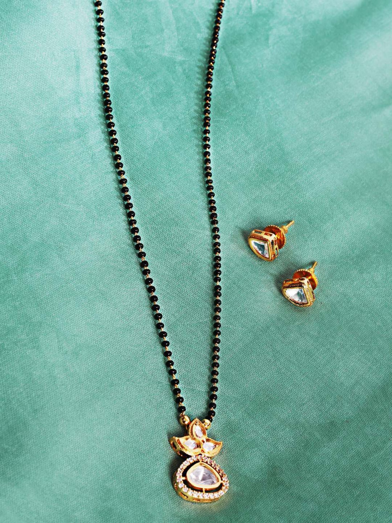 Abdesigns Gold-Plated American Diamond & Black Beaded Mangalsutra