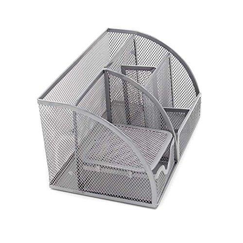 VANRA Office Supply Caddy Metal Mesh Desktop Supplies Organizer School Supply Holder Stuff Storage Organizer 6 Compartments with Drawer (Silver)