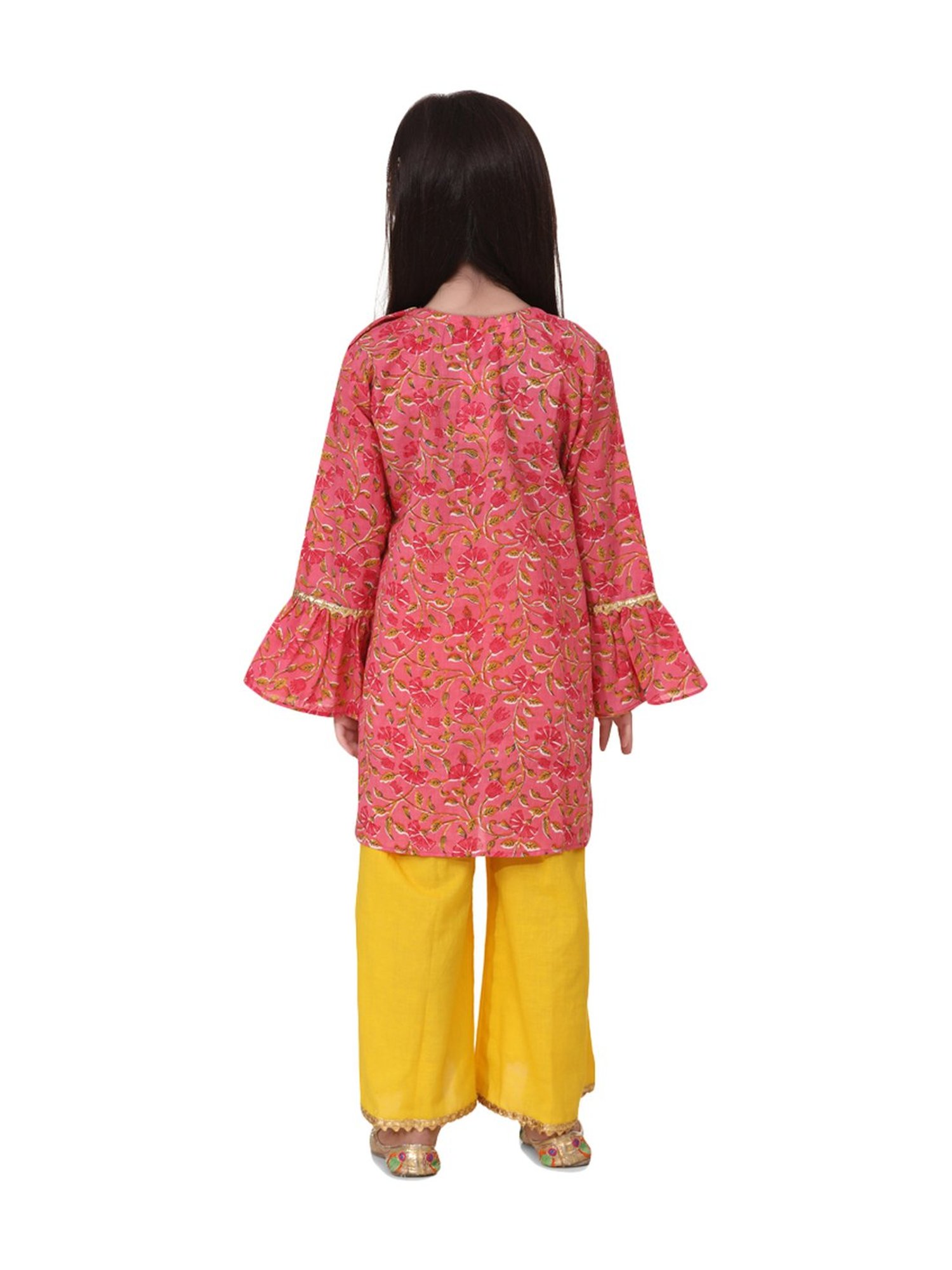BownBee Kids Yellow & Pink Cotton Printed Kurti & Palazzos