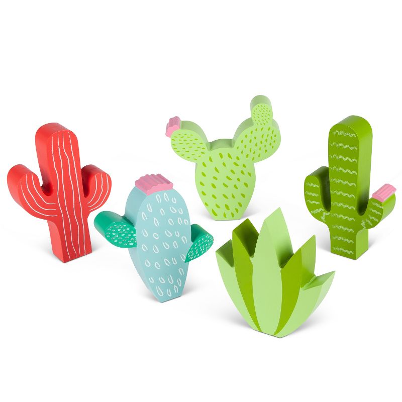 Lone Elm Studios Assorted Wooden Cactus Figurines in Multiple Colors (Set of 5)