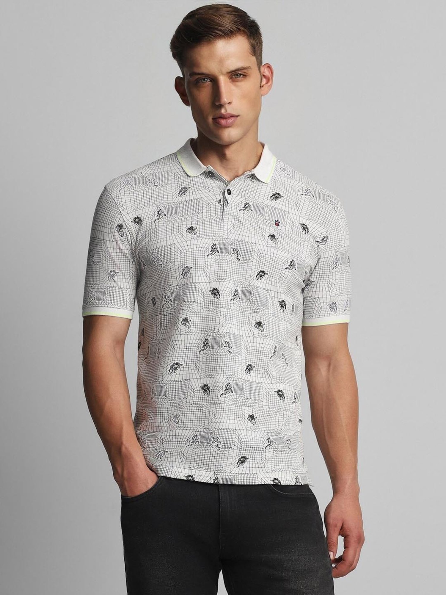 Louis Philippe Jeans White Cotton Slim Fit Printed Polo T-Shirt