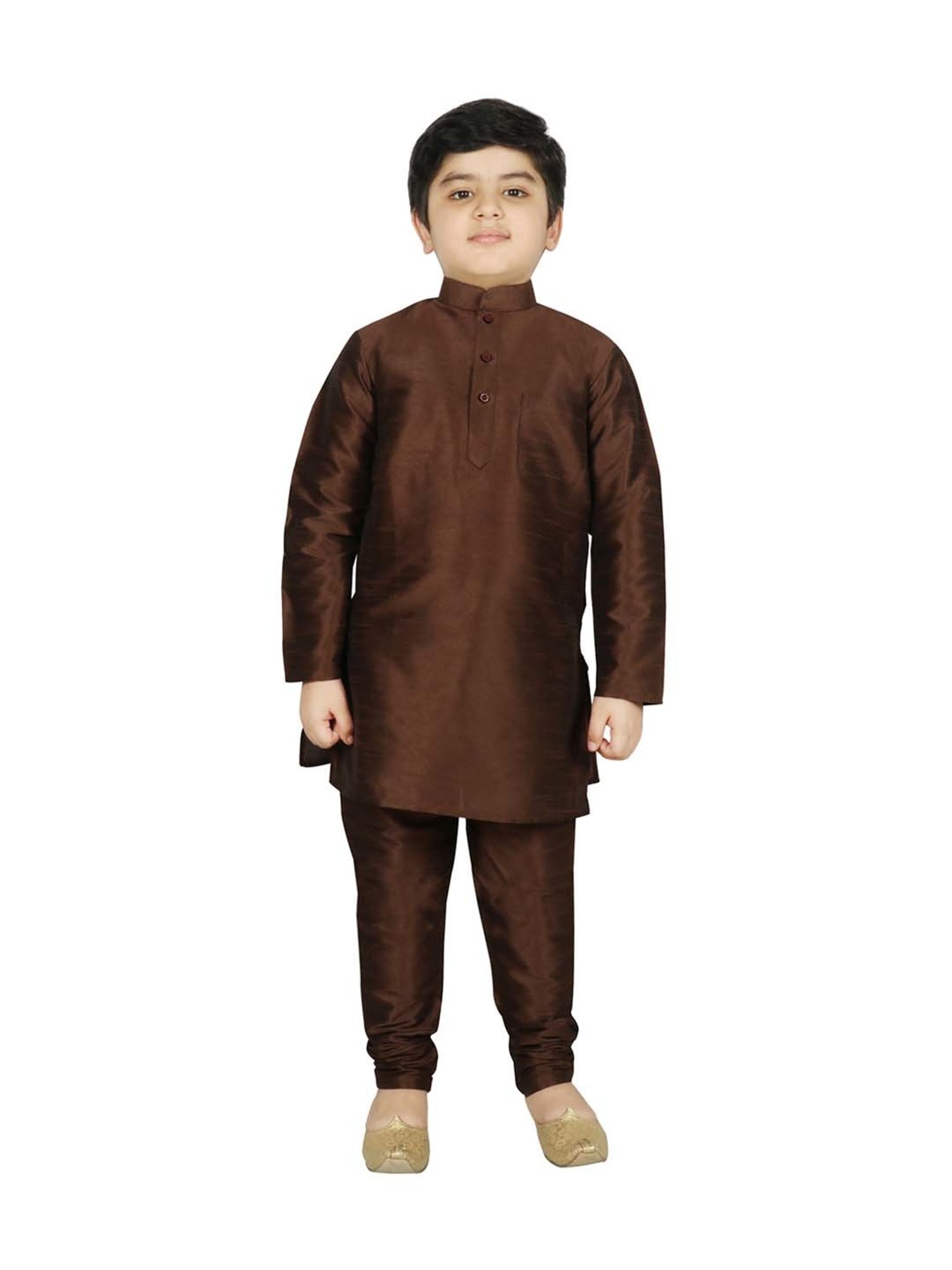 SG Yuvraj Kids White & Brown Floral Print Full Sleeves Kurta Set