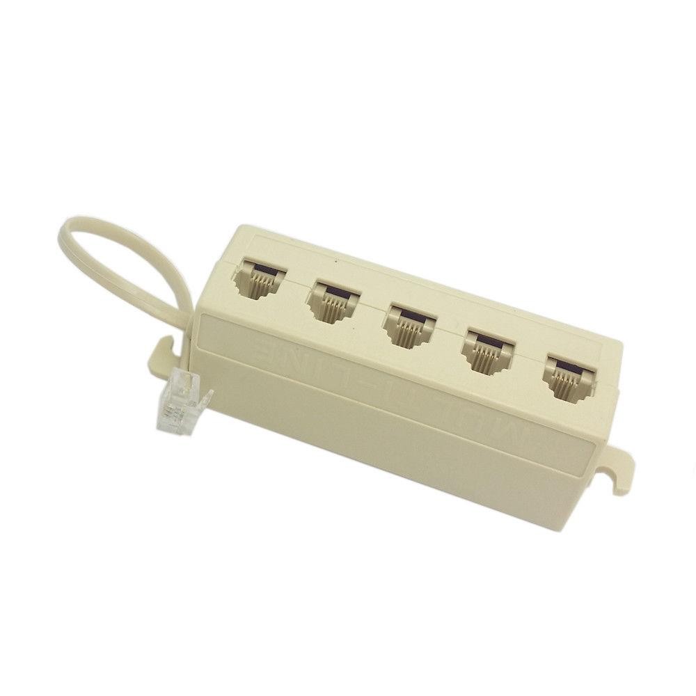 5 Way Outlet 6P4C RJ11 RJ12 Phone Modular Jack Cable 1-to-5 Splitter Adapter Beige