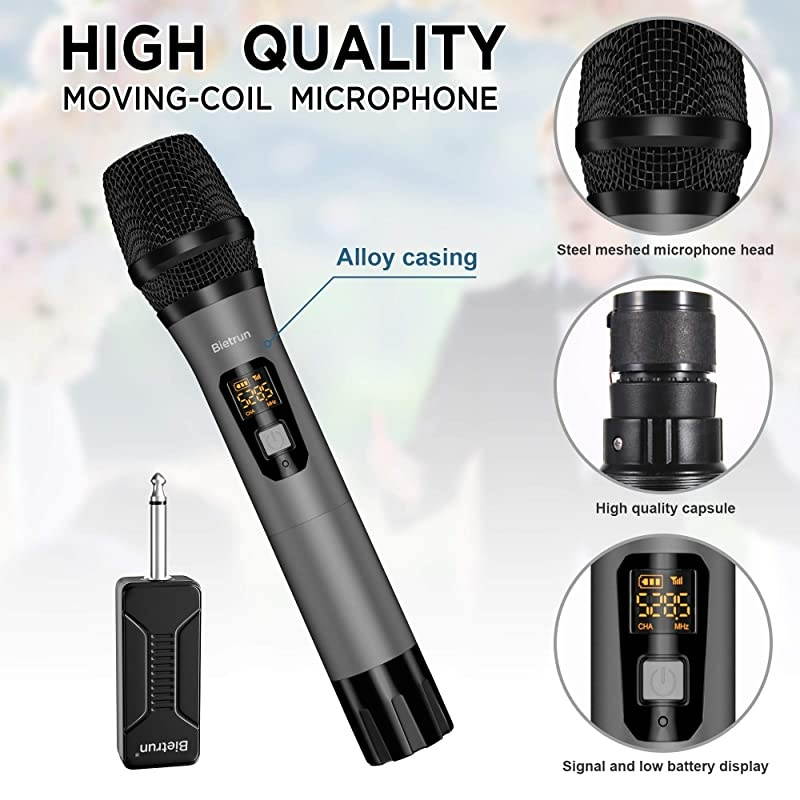 Microphone, Uhf Metal Dynamic Handheld Karaoke Mic, Rechargeable Receiver (Work 6hs), 160ft Range, for Karaoke Machine, Singing, Stage, Speaker, Amplifier, Mixer, iPhone, Camera, Laptop