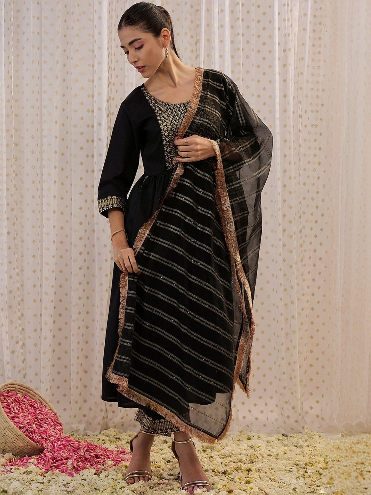 Indo Era Black Woven Pattern Kurta Pant Set With Dupatta