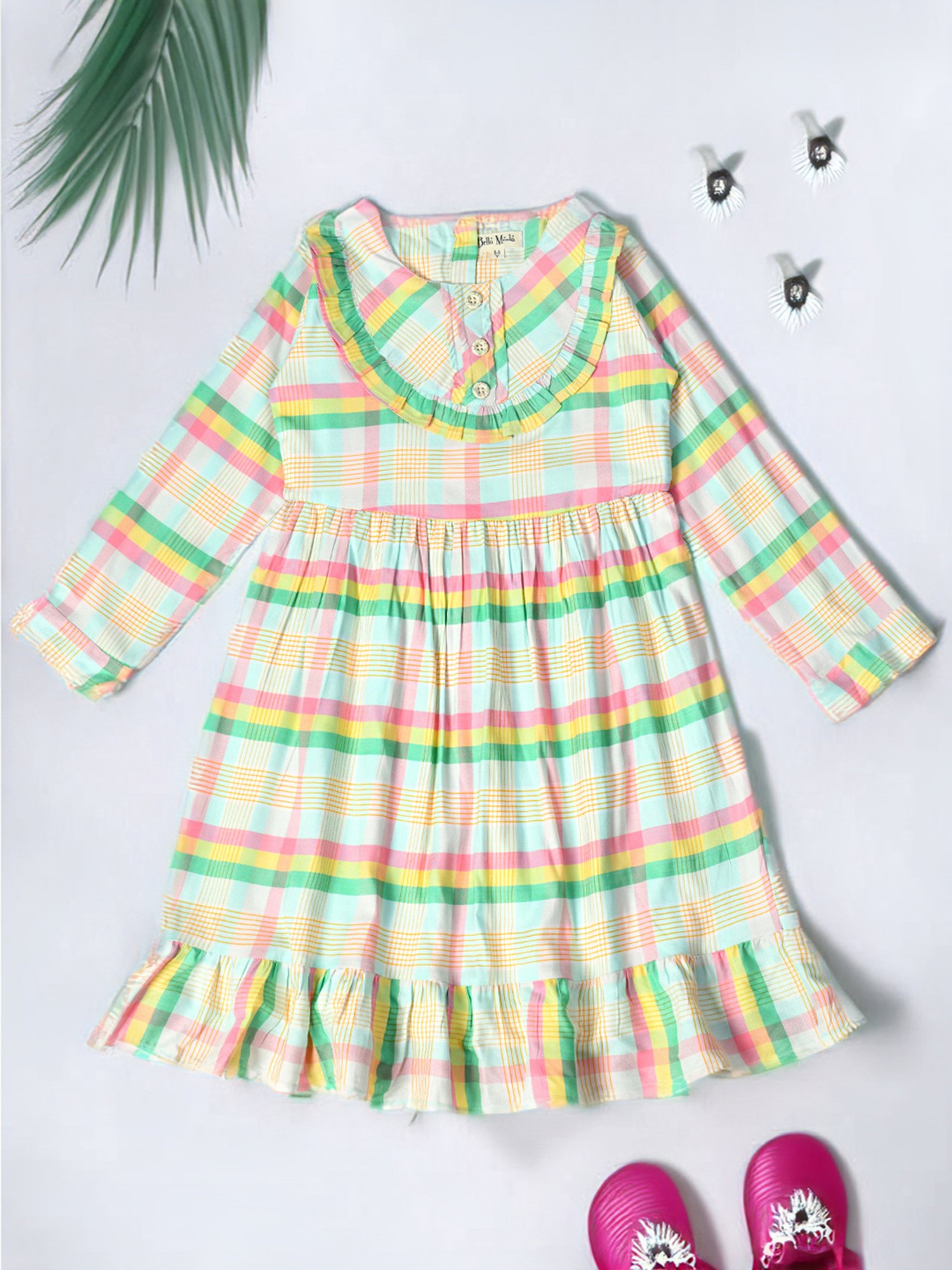 Bella Moda Kids White Checks Full Sleeves Fit & Flare Dress