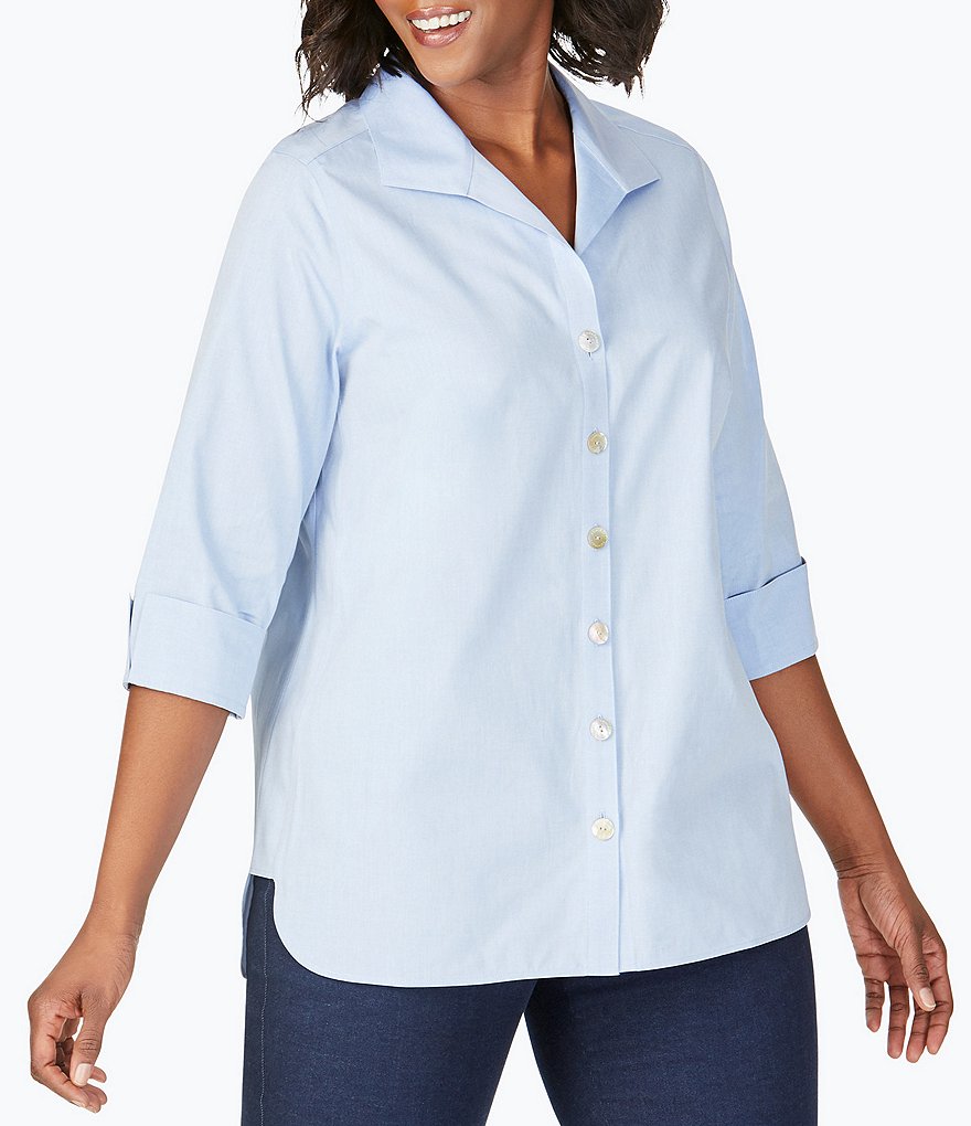 Foxcroft Plus Size Pandora 3/4 Sleeve Spread Point Collar Neck Button Front Shaped Tunic