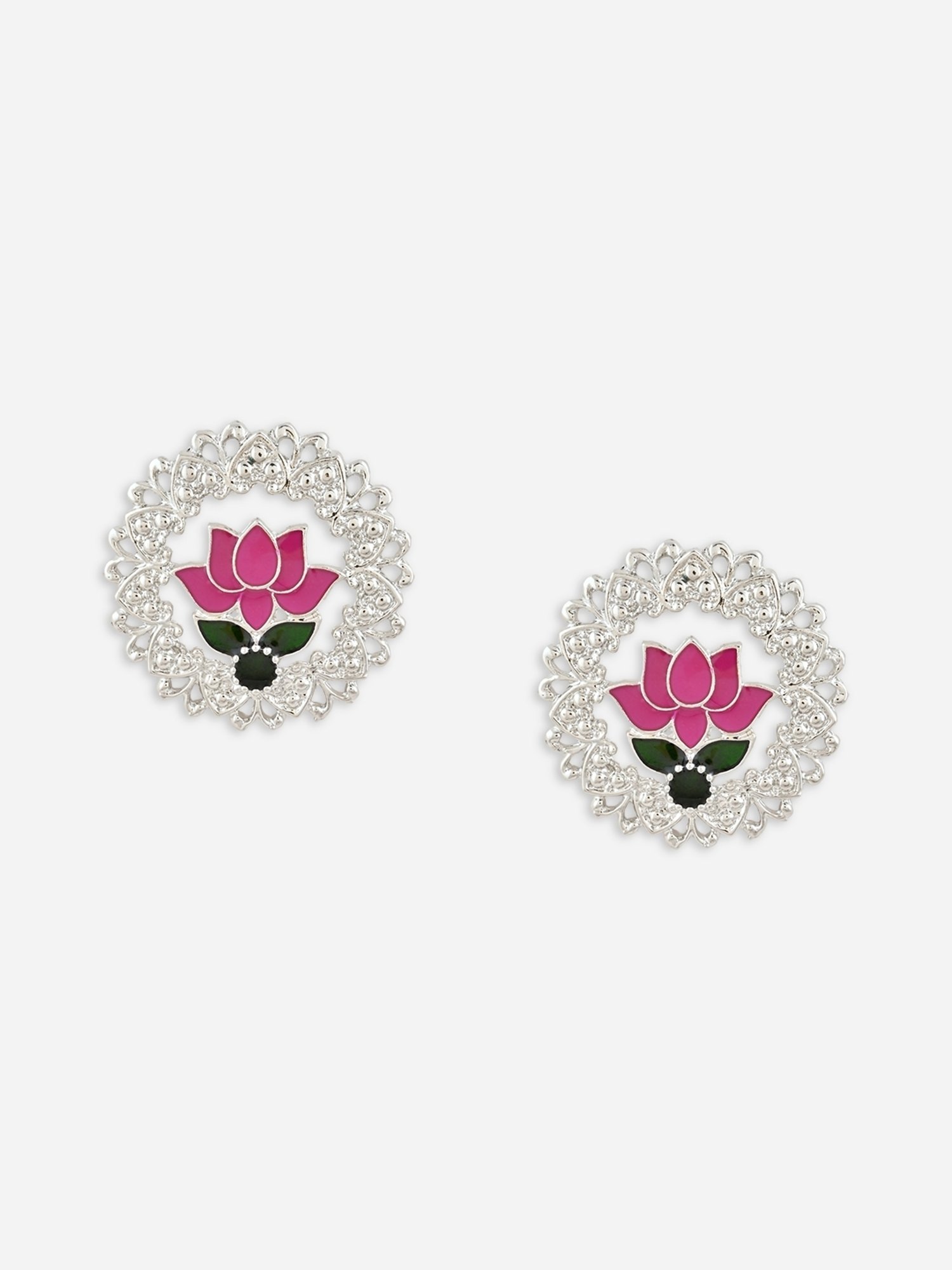 Fida Pink Green Meenakari Traditional Lotus Drop Earrings