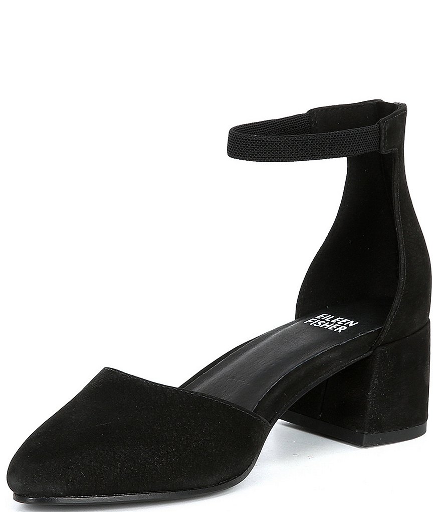 Eileen Fisher Goldie Nubuck Ankle Strap Block Heel Pumps