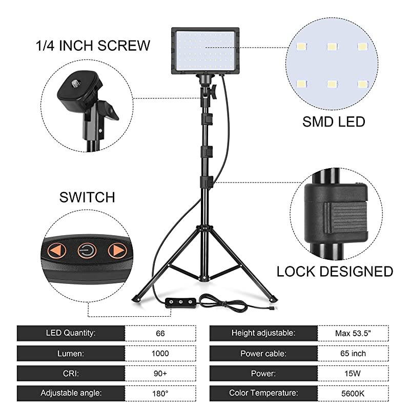 LED Video Light 11 Brightness/4 Color Filters Dimmable Photography Continuous Table Top Lighting, Adjustable Tripod Stand, USB Portable Fill Light for Photo Studio Shooting