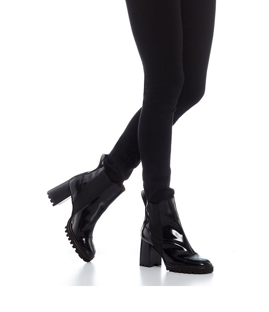 See By Chloe Mallory Leather Block Heel Lug Sole Chelsea Booties