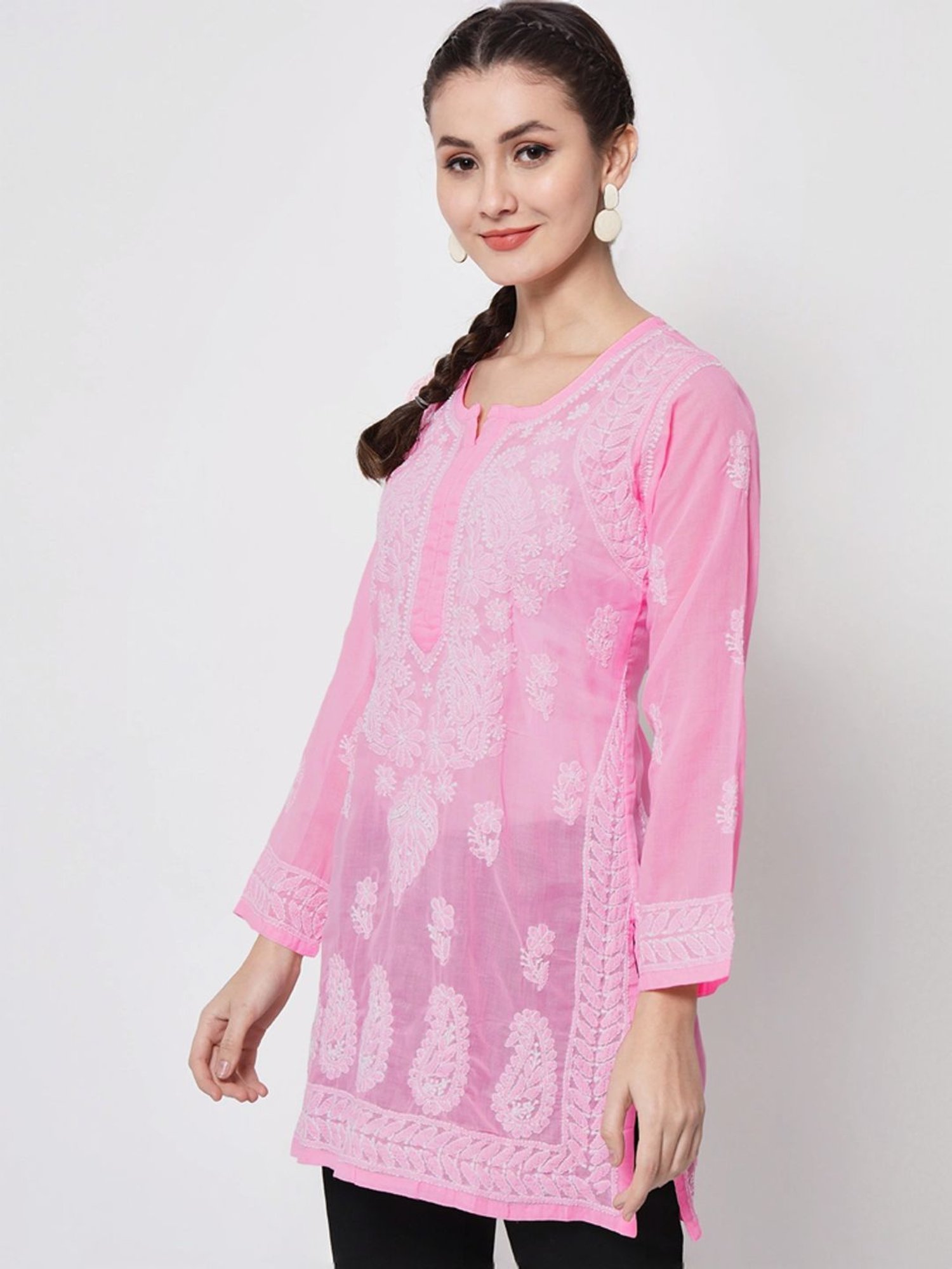 PARAMOUNT CHIKAN Blush Pink Cotton Hand Embroidered Chikankari Straight Kurti