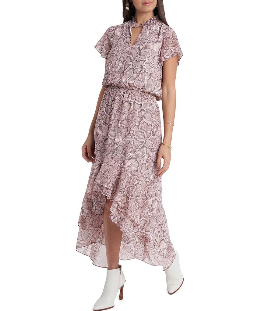 1. STATE Snake Print V-Neck Ruffle Hi-Low Hem Midi Dress