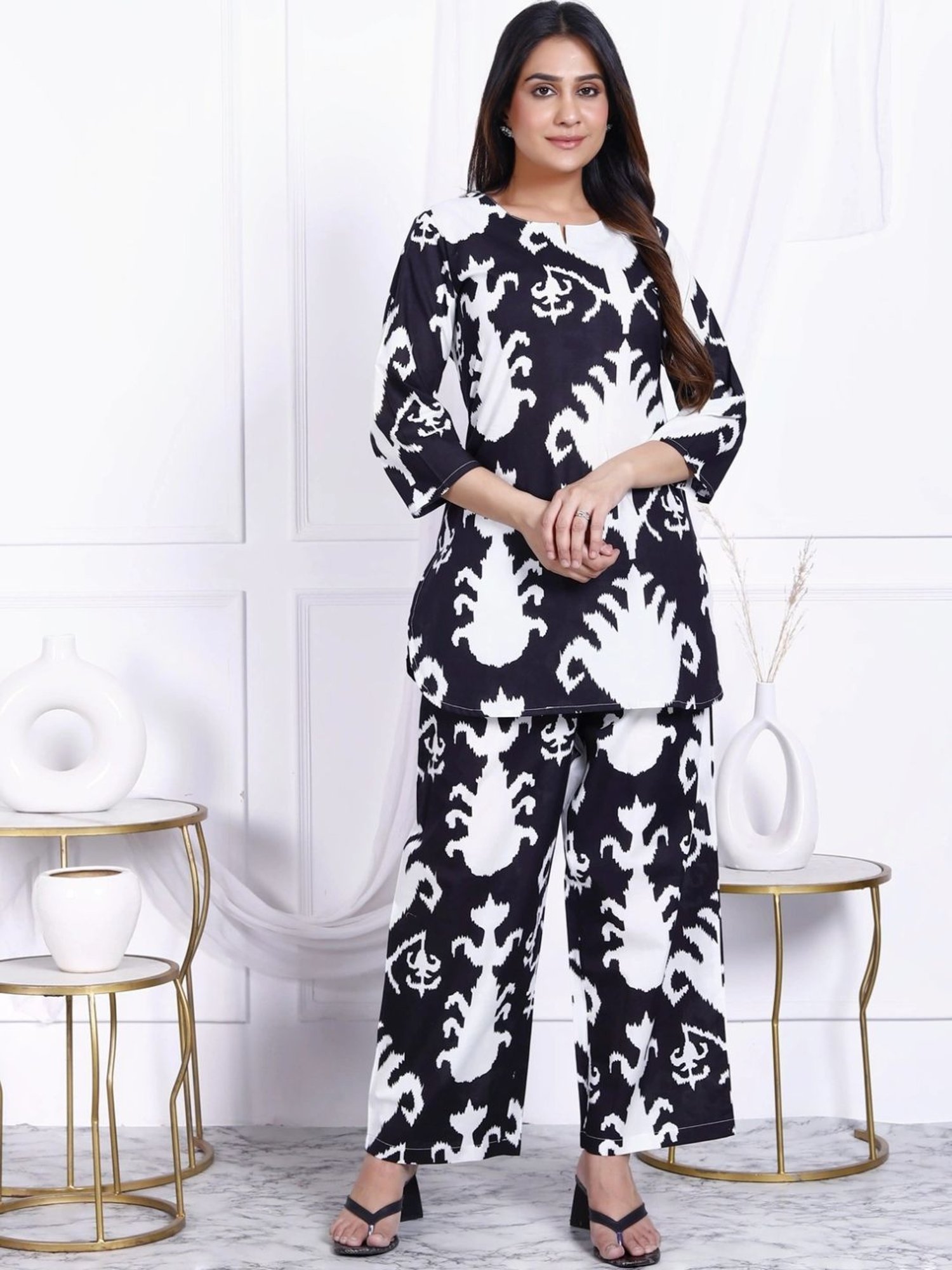 Kaftanize Black Abstract Printed Cotton Short Tunic with Pant