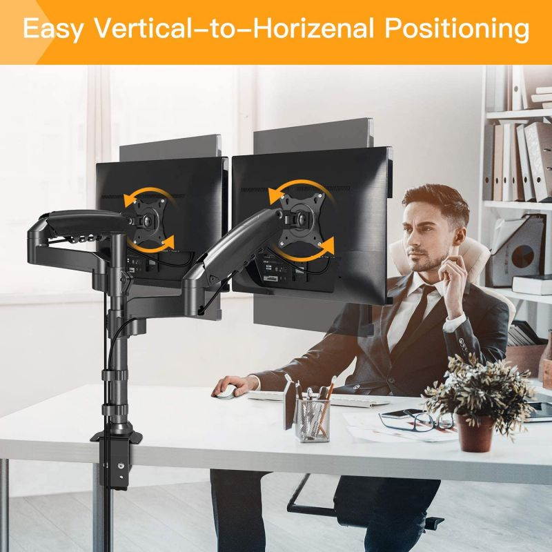 17&rdquo;-32&rdquo; Dual Monitor Desk Mount Stand Kit, Full Motion Gas Spring Arms with Clamp On/Grommet Mounting Base, Holds Two Computer Screens up to 19.84 lbs/Arm with 75/100mm VESA, Black