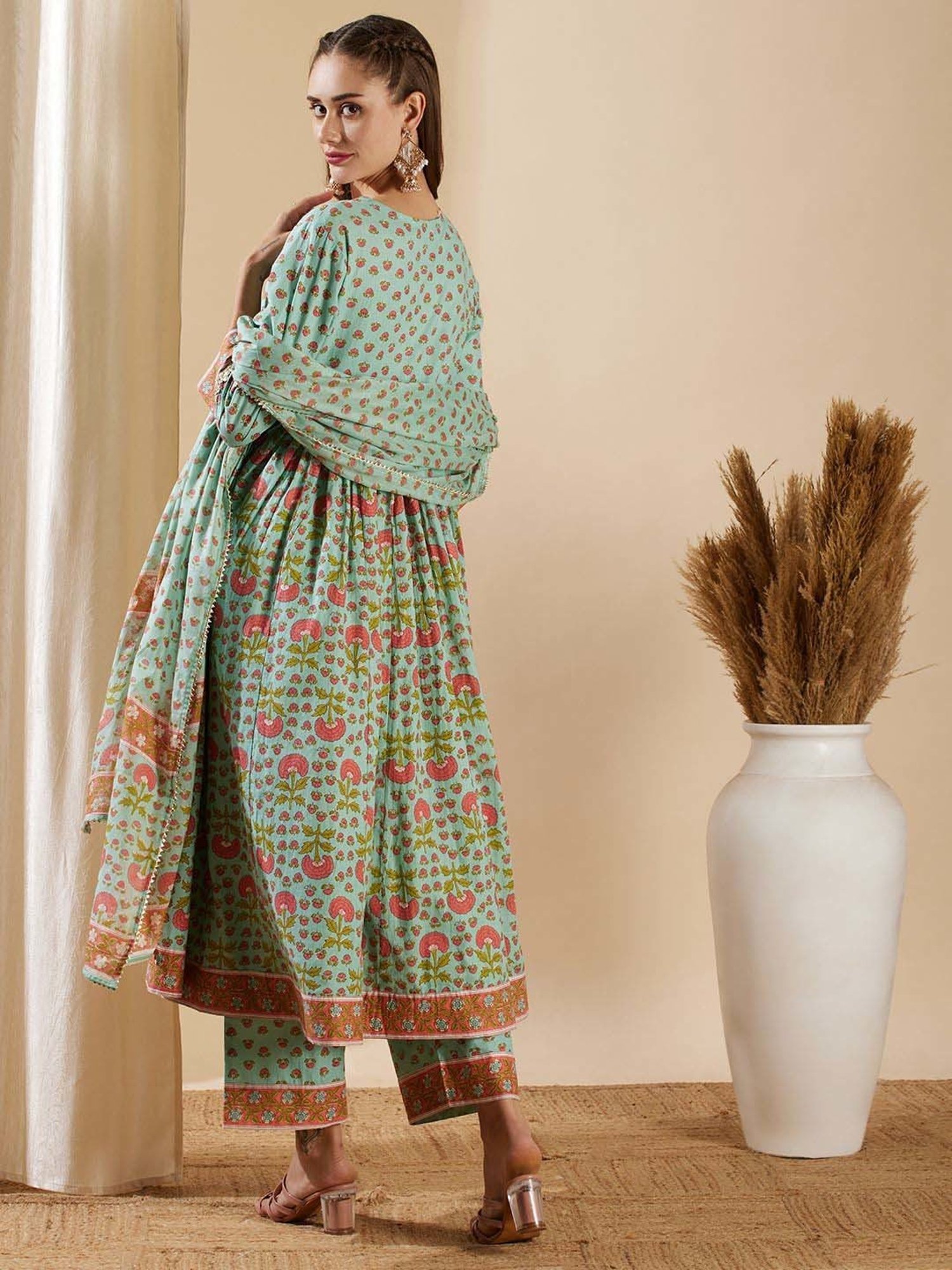 Fashor Mint Green Cotton Printed Kurta & Palazzo Set With Dupatta