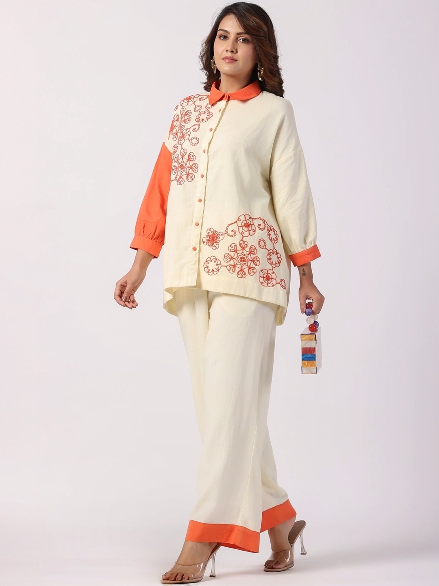 Zolo Label Beige Embroidered Shirt Palazzo Set