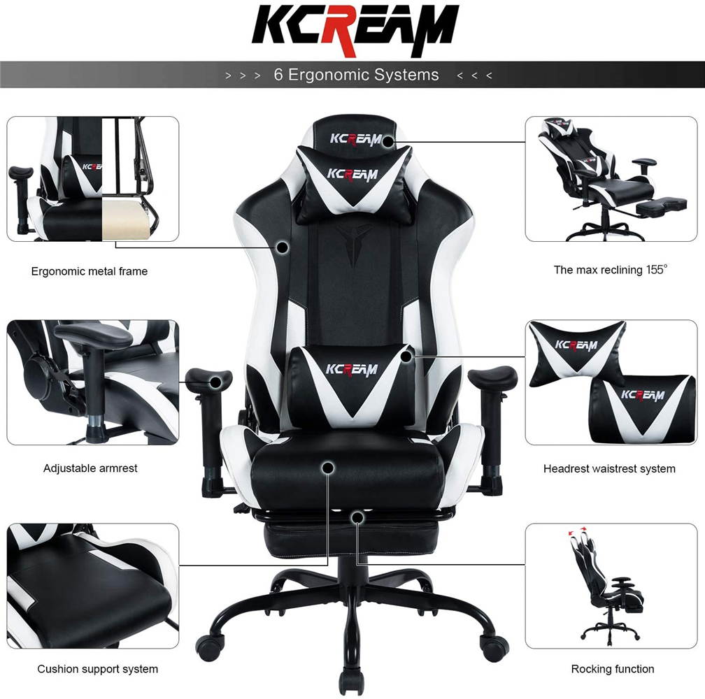KCREAM PU Leather Swivel Chair Gaming Chair with Footrest Ergonomic Office Chair Headrest Lumbar Support Comfortable Large Size High Back Adjustable Reclining Computer Desk Chair