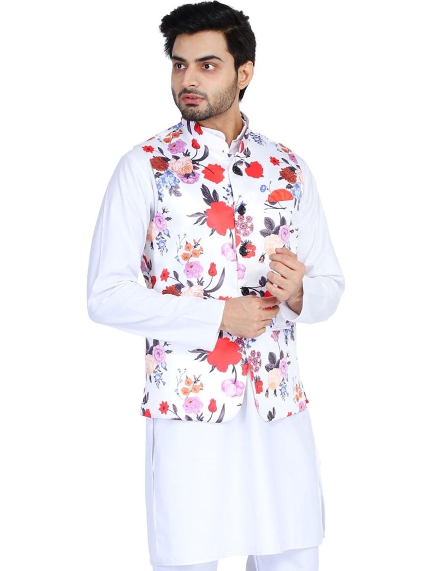 TAHVO White Cotton Slim Fit Floral Print Nehru Jacket