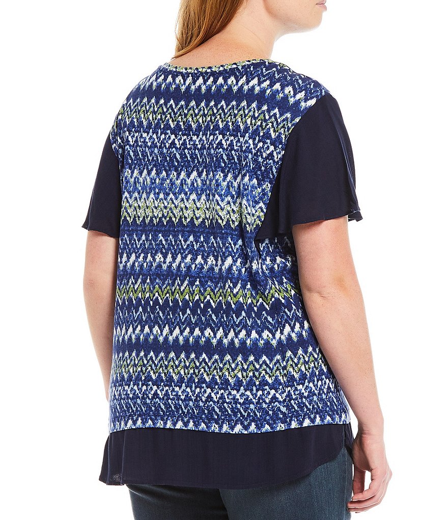 Westbound Plus Size Hazy Stripe Mixed Media Jewel Neck Flutter Short Sleeve Top