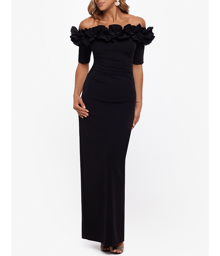 Xscape Ruffle Off-the-Shoulder Column Back Slit Crepe Gown